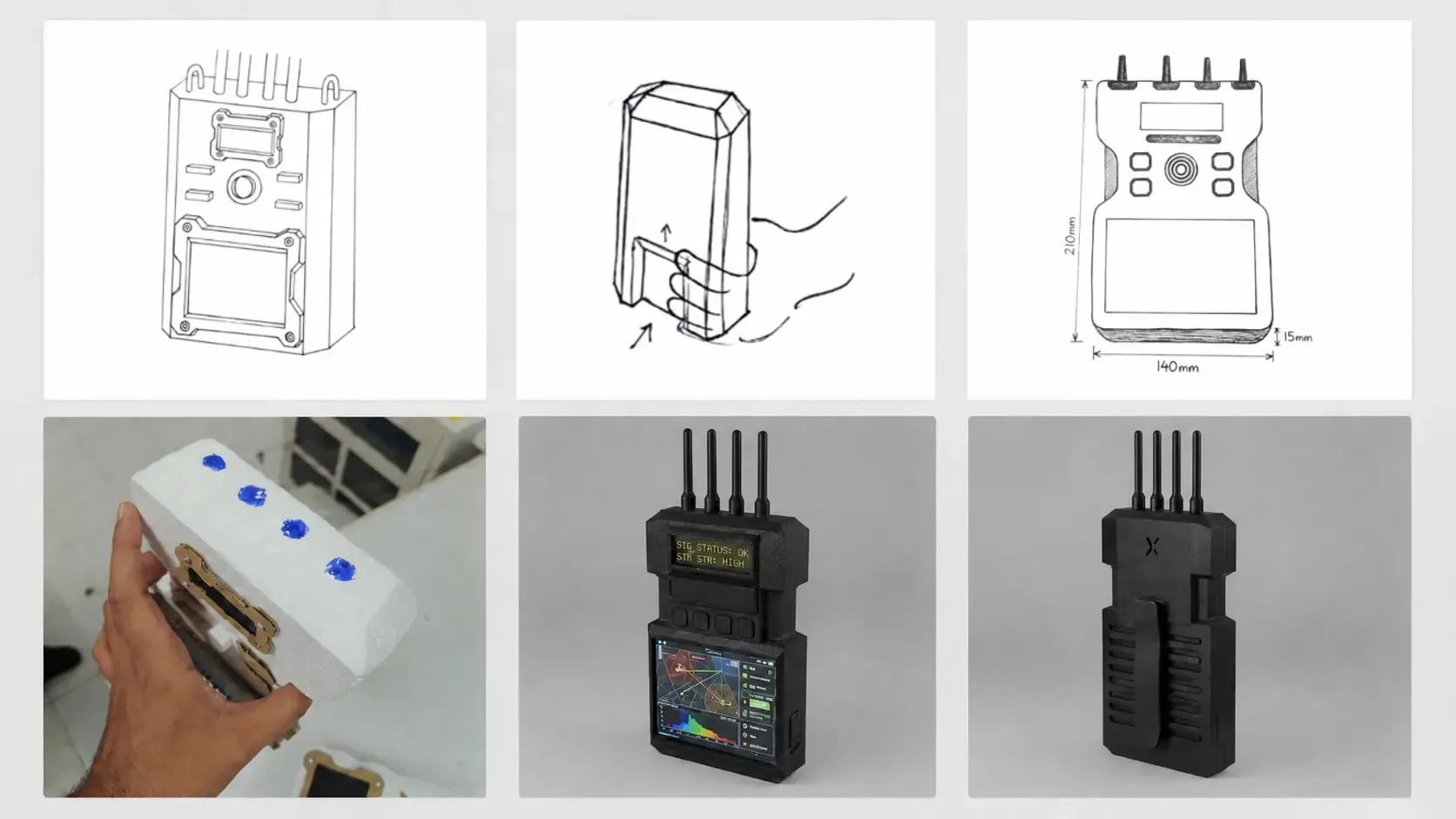 Sketches, mockups, and renders showing the design challenges of the handheld drone tracking device enclosure